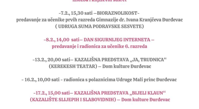 Raspored događanja u Gradskoj knjižnici Đurđevac